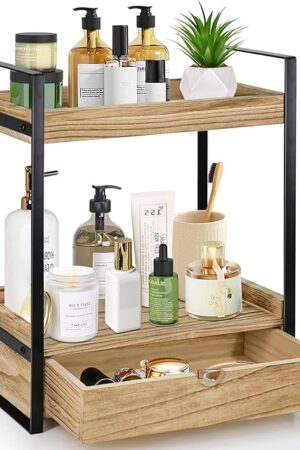 2-Tier Bathroom Organizer Countertop with Drawer, Wood Counter Shelf for Storage, Vanity Tray for Organization and Decor, Countertop Organizer for Bathroom, Kitchen, Office (Brown)