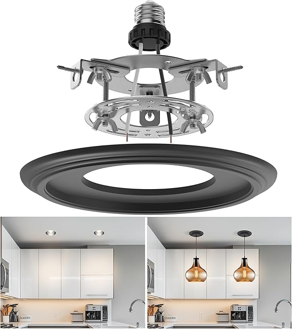 5" and 6" Recessed Can Light Conversion Kit, Light Fixture Upgrade, Pendant Light, Fan Compatible, Equipped with 7¾ Inch Decorative Plastic Medallion, Black Finish