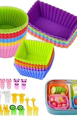 ABSOK 60 Pcs Silicone Lunch Box Dividers bento box accessories Silicone Cupcake Liners,Bento Lunch Box Dividers with Food Picks for Lunch Containers
