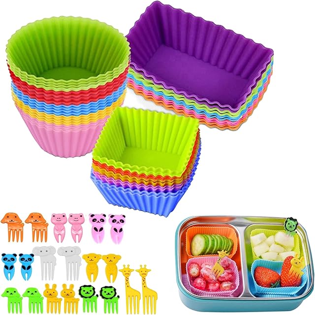 ABSOK 60 Pcs Silicone Lunch Box Dividers bento box accessories Silicone Cupcake Liners,Bento Lunch Box Dividers with Food Picks for Lunch Containers