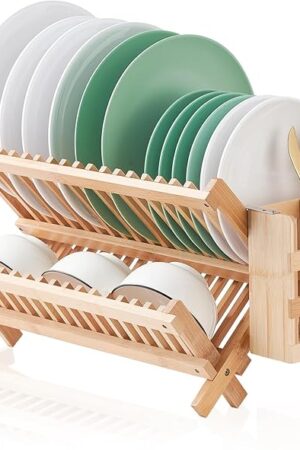 Bamboo Dish Drying Rack, 2 Tier Collapsible Dish Rack with Utensil Holder, Wooden Dish Drying Rack for Kitchen Counter, Large Folding Drying Holder, Dish Drainer 34 pcs Grid