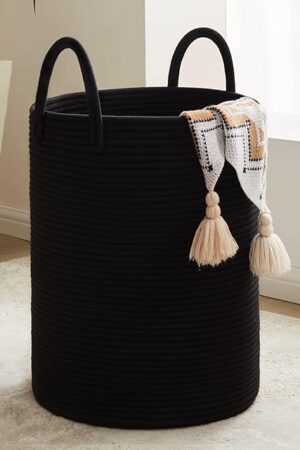 Woven Rope Laundry Basket, 58L Tall Laundry Hamper for Blanket Storage, Large Baby Nursery Basket for Laundry, Decorative Clothes Hamper for Bedroom, Living Room and Bathroom, Black