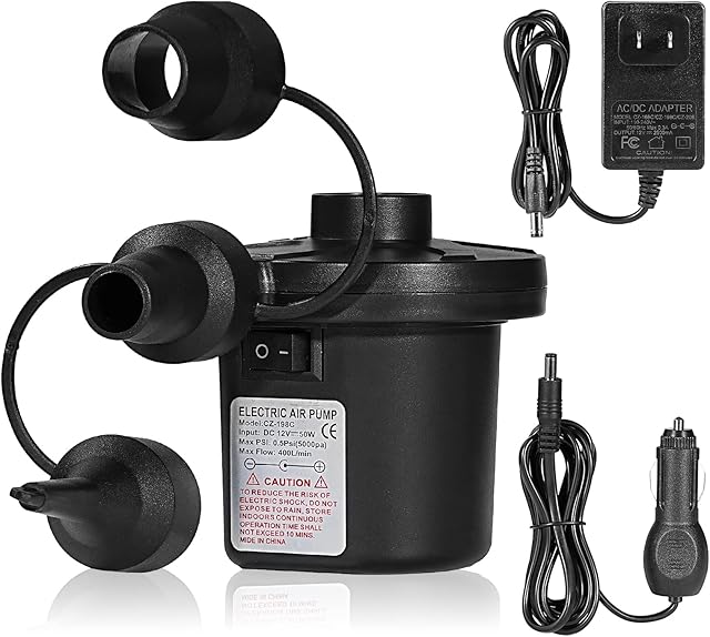 Electric Air Pump,Inflatable Bed Pumps, Portable Quick-Fill Air Pump with 3 Nozzles, 110V AC/12V DC,Inflator/Deflator Pumps for Outdoor Camping, Inflatable Cushions, Air Mattress Beds, Swimming Ring