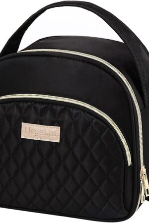Black Cute Insulated Lunch Tote Bag for Women Work,Reusable Adult Lunch Box for Women, Stylish Wide Open Cooler Bag for Work(Black)