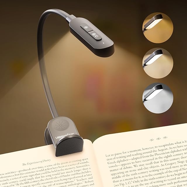 24 LED Rechargeable Book Light for Reading in Bed with Memory Function Eye Caring 3 Color Temperatures, 5 Brightness, 80 Hrs Runtime Lightweight Clip On Book Reading Light for Studying