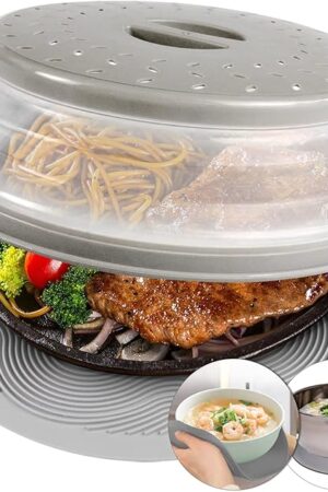 2 in 1, Aidacom Microwave Place Mat & Food Cover- Mat as Bowl Holder, for Splatter Guard, Multi-use: Silicone Trivet, Pot Holders, Drying, Baking, Utensils Rest for Kitchen Counter, Grey