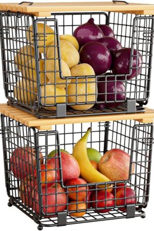 Wire Storage Basket for Kitchen Pantry: GGIU Stackable Kitchen Counter Organizers - Wire Organizing Bin for Produce Vegetable Potato and Onion Black