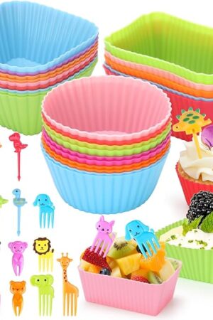 70 Pcs Silicone Lunch Box Dividers Set, Thicked Silicone Cupcake Liners for Baking, Reusable Lunch Bento Box Accessories with Animal Food Picks for Kids (20 Cupcake Cup + 50 Picks)