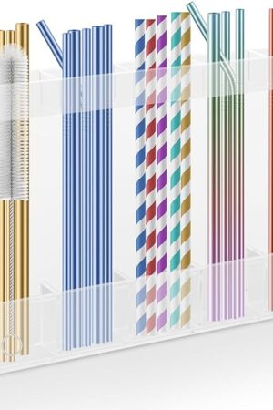 Acrylic Straw Holder for Cabinet, Reusable Straw Organizer with Double Sided Adhesive Tape Tumbler Straws Storage Container for Cupboard Drinking Straws Dispenser for Kitchen Counter (Transparent)