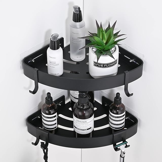 DUFU Adhesive Corner Shower Caddy Shower Shelf No Drilling Aluminum 2 Pack Black