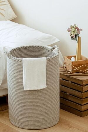 58L Woven Laundry Basket,Tall Wicker Laundry Basket for Blankets,Clothes,Pillows,Toys,Shoes Large Cotton Laundry Hamper for Bedroom Living Room Bathroom Nursery Gray