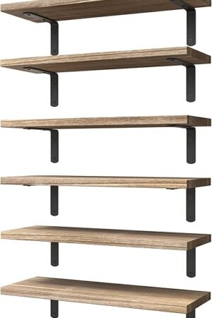 WOPITUES Wood Floating Shelves Set of 6, Shelves for Wall Decor, Farmhouse Shelf for Bedroom, Bathroom Storage Shelves, Book Shelves for Living Room - Rustic Brown