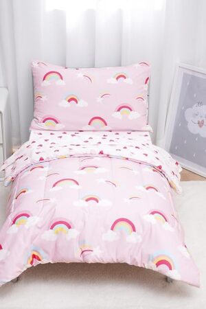 david's kids 4 Piece Toddler Bedding Set - Soft Breathable Toddler Bedding Set for Girls, Includes Quilted Comforter, Flat Sheet, Fitted Sheet and Pillowcase, Rainbow