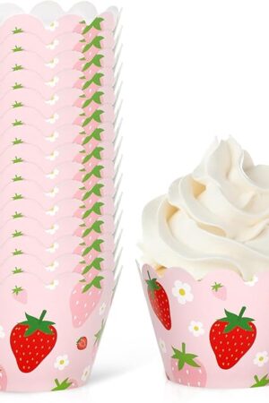 Whaline 36Pcs Strawberry Cupcake Wrappers Red Pink Strawberry Flower Cupcake Liners Decorative Cupcake Holders for Birthday Baby Shower Party Cake Decoration