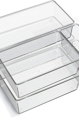 6 Pack Large Clear Plastic Drawer Organizer Trays, Acrylic Kitchen Drawer Organization and Storage Dividers, Non-Slip Storage Bins for Makeup, Kitchen Utensils, Bathroom, Jewelries and Office Desk