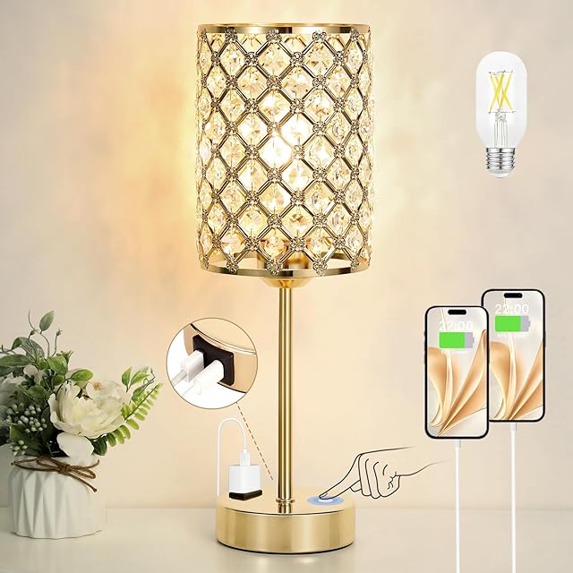 Gold Lamps for Night Stands-Crystal Table Lamp with USB-C+A & AC Charging Ports, 3-Way Dimmable Nightstand Touch Lamp, Bedside Desk lamp for Bedroom Living Room Home Office
