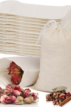 60 Pcs Empty Spice Bags for Cooking Soup, 3x4 In Natural Muslin Drawstring Bag, Reusable Tea Bags for Loose Tea, Small Cheese Cloth Cotton Bag for Straining, Unbleached Cheesecloth Herb Sachet Bag
