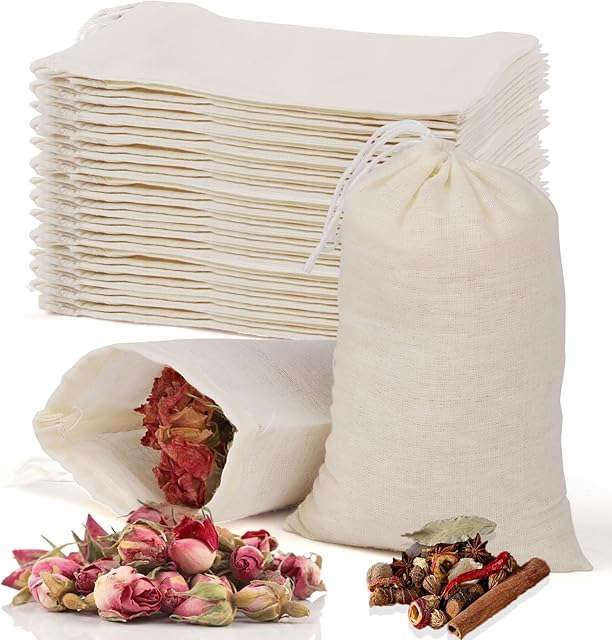 60 Pcs Empty Spice Bags for Cooking Soup, 3x4 In Natural Muslin Drawstring Bag, Reusable Tea Bags for Loose Tea, Small Cheese Cloth Cotton Bag for Straining, Unbleached Cheesecloth Herb Sachet Bag