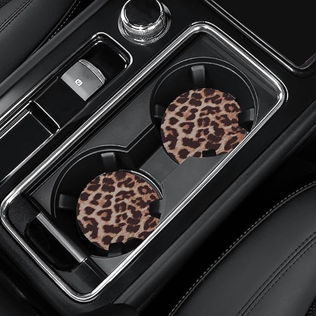 4 Pack Leopard Print Car Coasters, 2.75 Inch Cup Holder Pads for Women - Neoprene Mat for Car Cup Holders
