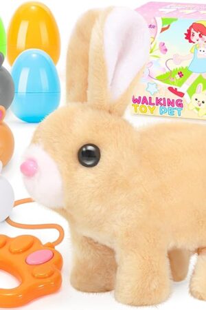 The Plush Bunny Easter Toys for Kids,Interactive Bunny with Sounds,Can Walk,Wag Tail and Twitch Nose with Remote Control Leash,Easter Eggs with Pull Back Cars,Easter Birthday Gift for Toddlers