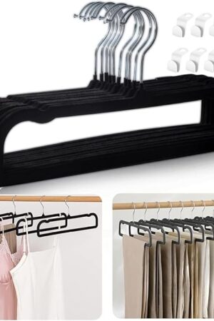 Velvet Hangers Non Slip - 20 Pack Pants Hangers for Closet - Thin Space Saving Clothes Hanger - Strong, Durable, Jean Perchas with 360 Degree Rotatable Hook for Tank Top (Black Silver Hook)