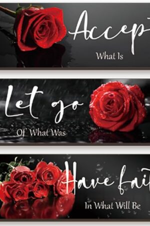 3 Pcs Red Decor Flower Inspirational Wooden Wall Art Red Roses Office Wall Decor with Accept Let Go Have Faith Positive Quotes for Girl Women Bathroom Living Room Bedroom(Red Rose12 x 4 Inch)