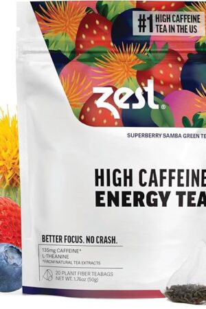 Zest Superberry Samba Green Tea - 20 Pack - 135mg High Caffeine | Strong Flavored | Healthy Coffee Alt | All Natural | Hot or Iced | Energy | Perfect for Keto Diet