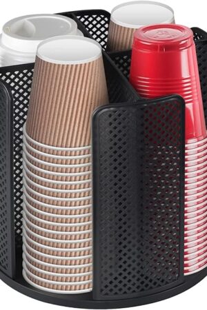 Coffee Cup Dispenser, Rotatable Cups and Lids Holder for 5-16oz Cups 4 Compartment Coffee Cup Holder Countertop Coffee Cup Organizer for Restaurant, Coffee Station, Bar, Office, Home