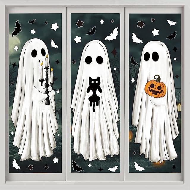 3 Sheets Halloween Large Ghosts Window Clings,Bats Black Cat Spooky Pumpkin Window Stickers for Halloween Home Holiday Party Store Glass Decoration