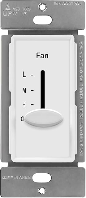 ENERLITES 3 Speed In Wall Ceiling Fan Control, Slide switch, 120VAC, 2.5A, Single-Pole, No Neutral Wire Required, 17000-F3-W-F, White