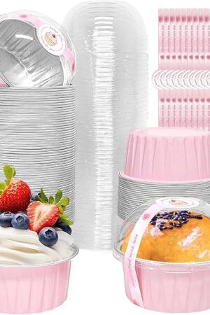 100 Pack 5oz Cupcake Pans with Dome Lids, Disposable Ramekin Cupcake Liners,Reusable Mini Muffin Case Dessert Containers for Birthday Wedding Party - Pink
