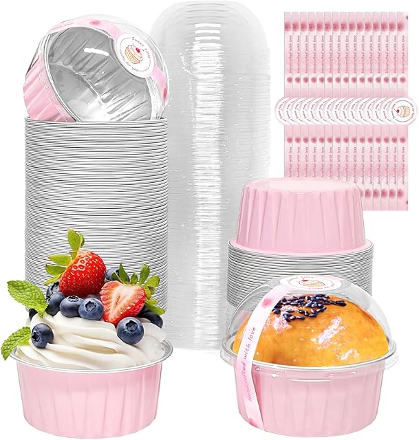 100 Pack 5oz Cupcake Pans with Dome Lids, Disposable Ramekin Cupcake Liners,Reusable Mini Muffin Case Dessert Containers for Birthday Wedding Party - Pink