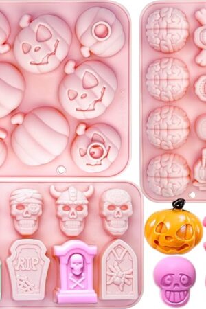 3 Pack Halloween Silicone Molds for Baking, Halloween Skull Baking Mold Brain Mold 3D Halloween Pumpkin Chocolate Mold Tombstone Silicone Molds for Soap Pudding Mousse Cake Candy Cupcake Jelly Making