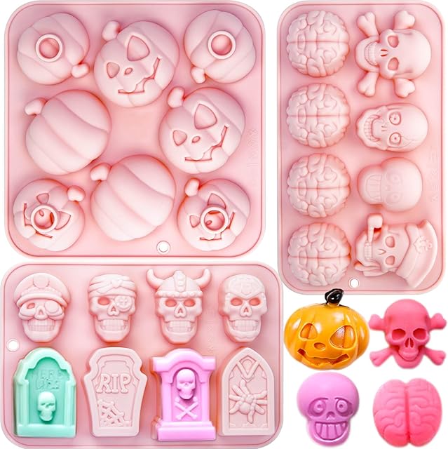 3 Pack Halloween Silicone Molds for Baking, Halloween Skull Baking Mold Brain Mold 3D Halloween Pumpkin Chocolate Mold Tombstone Silicone Molds for Soap Pudding Mousse Cake Candy Cupcake Jelly Making