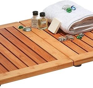 Bamboo Bath Mat - Foldable Wood Shower Mat, Non-Slip Bathroom Mat for Spa, Sauna, Pool, Indoor and Outdoor Use, Easy Storage, 24" x 18"
