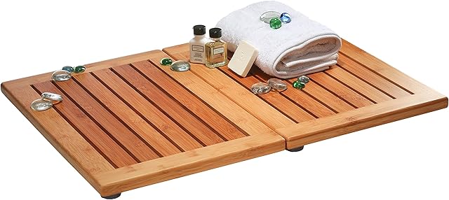 Bamboo Bath Mat - Foldable Wood Shower Mat, Non-Slip Bathroom Mat for Spa, Sauna, Pool, Indoor and Outdoor Use, Easy Storage, 24" x 18"