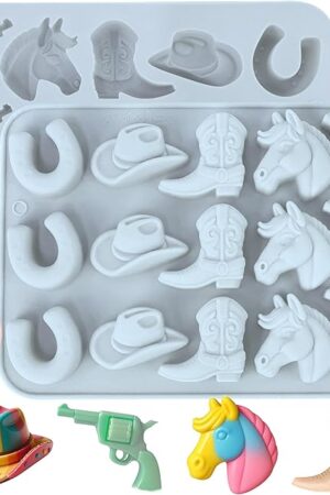 Cowboy Chocolate Molds, 2 Pcs Western Silicone Candy Fondant Mold, Cowboy Hat Boot Horse Saddle Shaped Mould, for DIY Baking Cupcake Cake Party Desserts Decorations (Light Blue)