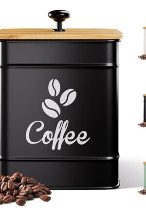 Airtight Coffee Canister - 40 oz Large Iron Black Coffee Container Airtight - 6 x 8 inch Metal Jar - Stylish Countertop Container for Coffee Grounds, Beans, Pods & More with Rubber-Lined Bamboo Lid