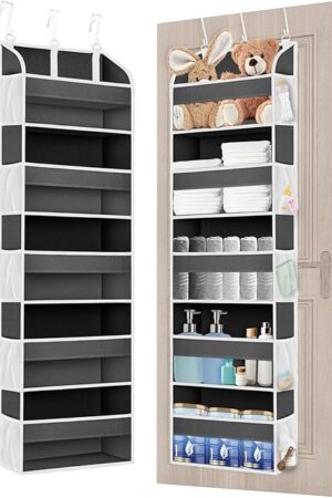1 Pack Over The Door Organizer Storage, Hanging Organizer Closet with 5 Large Pockets 10 Mesh Pockets, 44 lbs Weight Capacity, Behind Door Storage for Nursery Bedroom Bathroom (Dark Grey)