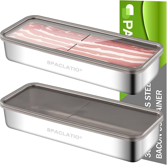 Bacon Container for Refrigerator, 1 Pack 304 Stainless Steel Airtight Deli Meat Storage Containers with Lids for Fridge, Dishwasher Safe Food Storage Fruit Storage Containers(46 OZ)