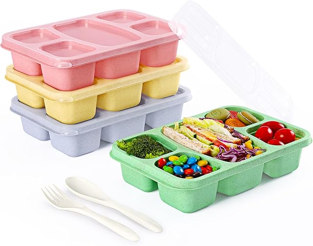 Bento Boxes Adult Lunch Containers 4 Pack, 5 Compartment Reusable Lunchable Containers for Kids, Stackable Snack Box With XXL Space for Sandwiches,Meal Prep for School, Work, and Travel