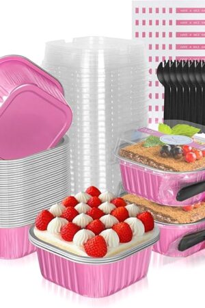10oz Aluminum Foil Brownie Pans with Lids, 40 Pack Square Cake Pans, Disposable Ramekins Cupcake Cups Containers,Mini Cake Baking Pans,Large Muffin Tin Holder for Catering Gathering - Pink