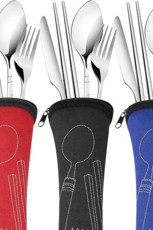 3 Pack Reusable Flatware Sets Knife, Fork, Spoon, Chopsticks, 12Pcs Portable Travel Stainless Steel Tableware Dinnerware with Carrying Case