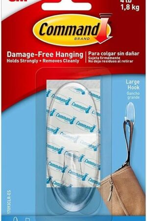 3M Command 17093CLRES Adhesive Hanging Hook, Large, Holds 4lbs, Clear