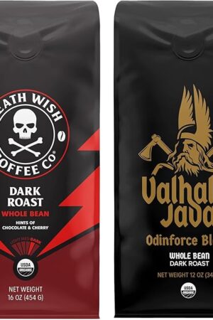 Death Wish Coffee, Whole Beans - Extra Kick of Caffeine - 1 lb & Valhalla Java Odinforce Blend 12 oz - USDA Certified Organic - Fair Trade - Arabica & Robusta Beans