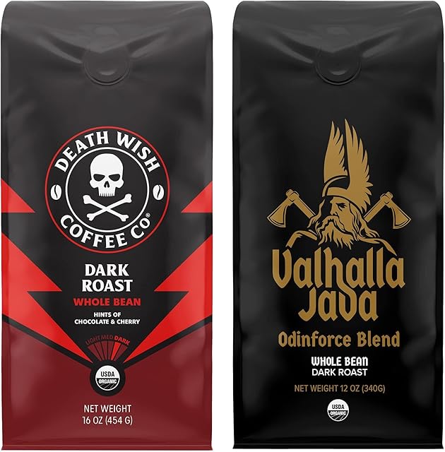 Death Wish Coffee, Whole Beans - Extra Kick of Caffeine - 1 lb & Valhalla Java Odinforce Blend 12 oz - USDA Certified Organic - Fair Trade - Arabica & Robusta Beans