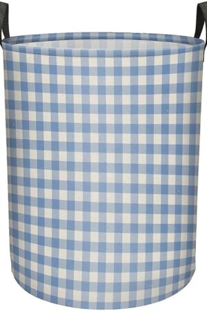 Blue Gingham Large Laundry Basket With Handles Foldable Clothes Bag,Stuff Bin Storage Organizer For Bathroom Bathroom Closet Clothing Toy Organization,60L