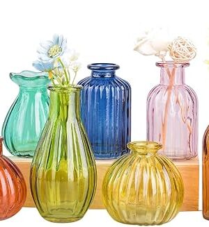 Eleganttime Bud Vases for Flowers,Glass Colored Bud Vase in Bulk Set of 10,Small Vintage Vase Bottle for Wedding Decorations,Garden and Home Decor,Centerpieces,Colorful Mexican Décor