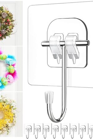 Wreath-Hangers-for-Front-Door,Large Clear Wreath-Door-Hanger-Easter-Christmas-Halloween-Decorations,60lb Over-The-Door-Hooks Glass Door,Adhesive-Wall-Hooks for Hanging Wreath Home-Decor Inside Outside