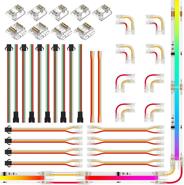 BTF-LIGHTING FCOB COB 10mm 3Pin Connector Kit, L-Shaped, Dual-End, Strip to JST, Wire to Strip, 3Pin JST, Gapless Connector for WS2814 IC RGBW 784LED/m COB LED Light